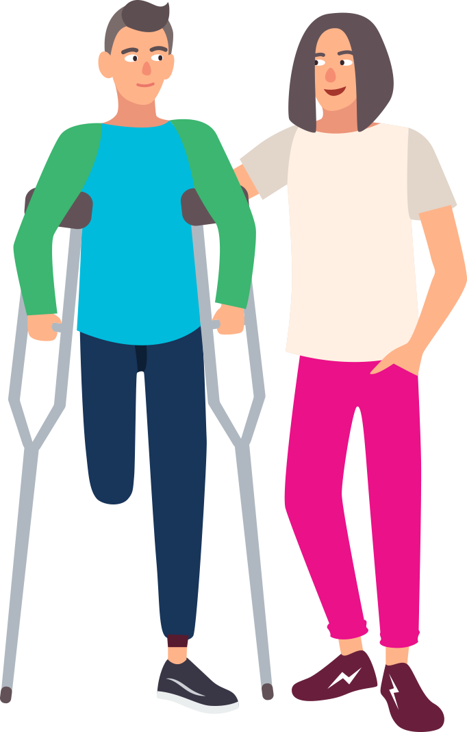 Illustration - Carer helping an amputee with crutches