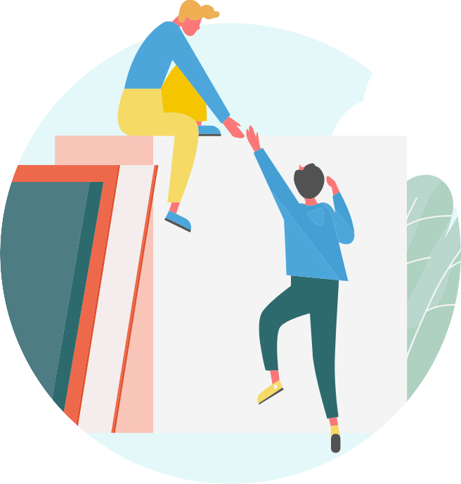 Illustration - Man with outstretched hand to help another man climb to the top of the pile