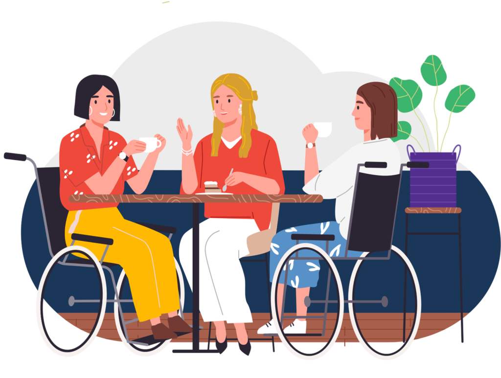 Illustration - Group of ladies having coffe and cake, two in in wheelchairs