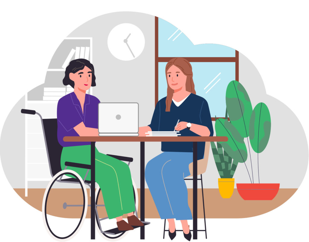 Illustration - Woman helping another woman in a wheelchair use a computer