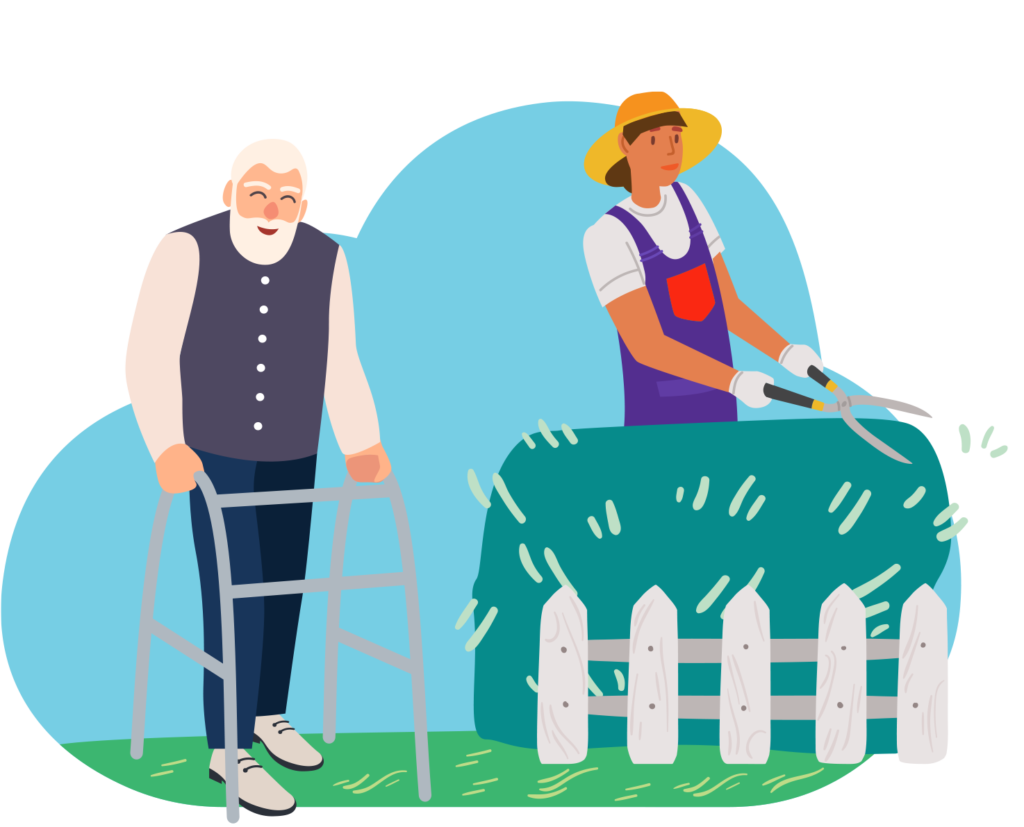 Illustration - Older man outside, plus a gardener snipping a hedge