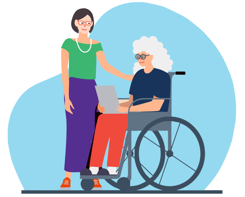 Illustration - Woman in wheelchair with a support person helping her