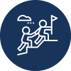 Illustration - two stick figures climbing up a mountain with a flag icon within dark blue circle